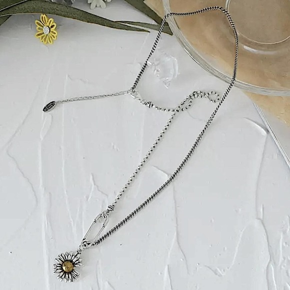 Sunflower Sterling Silver Chain Safety Pin Charm Necklace - Picture 6 of 7